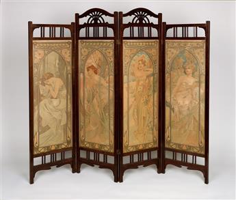 ALPHONSE MUCHA (1860-1939). [TIMES OF THE DAY.] Group of four decorative panels in folding screen. 1899. Each panel 40x14 inches, 101x3